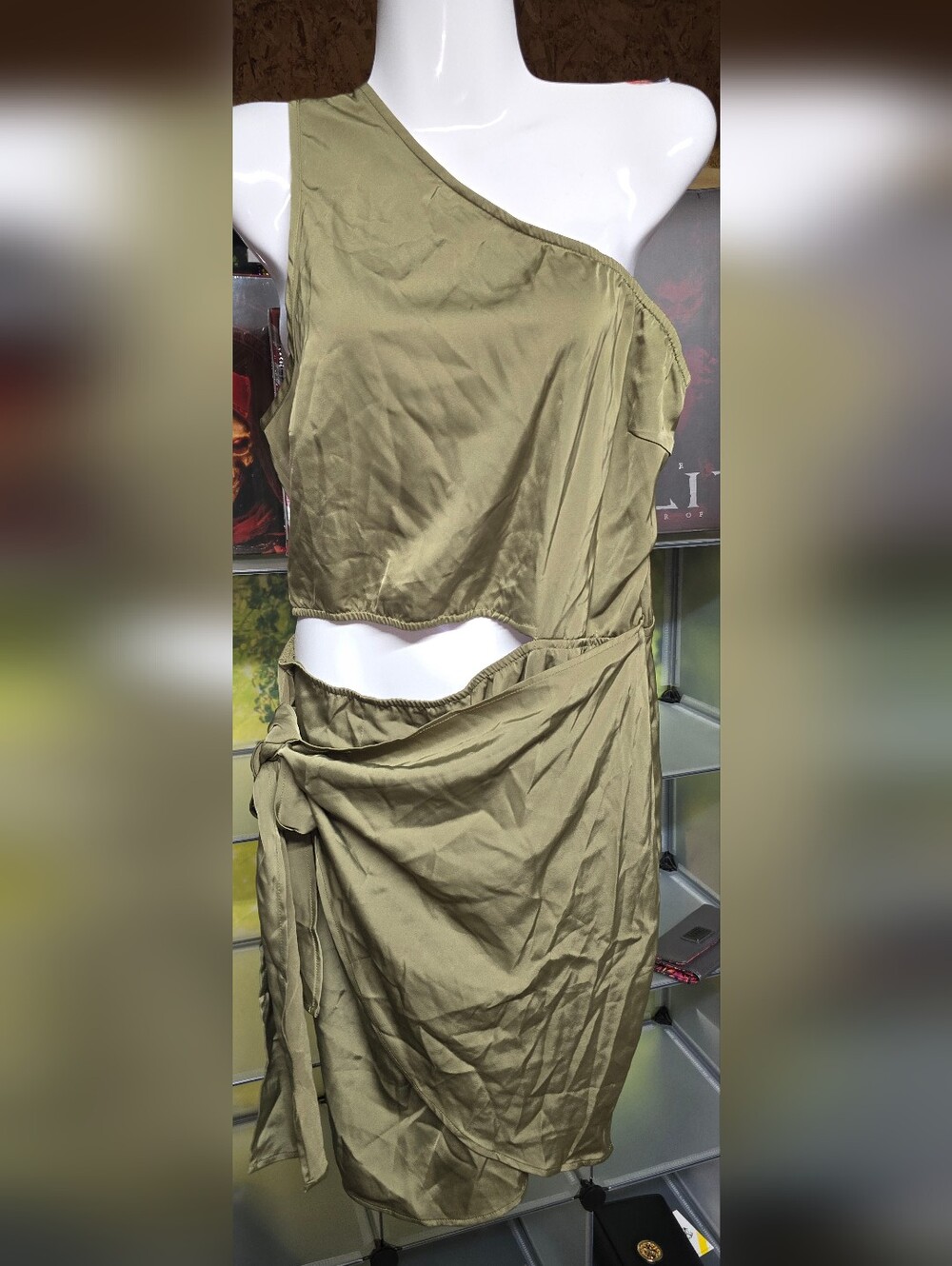 #83 Olive Green Cutout Satin Dress